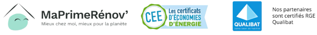 Logos de MaPrimeRenovSolaire.fr, des Certificats d’Économies d’Énergie (CEE) et de la certification RGE Qualibat, garantissant des partenaires qualifiés pour l’installation solaire.